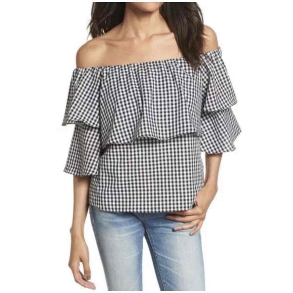 WAYF Blouse Womens Small Gingham Ruffle‎ Sleeves Off the Shoulder Layered